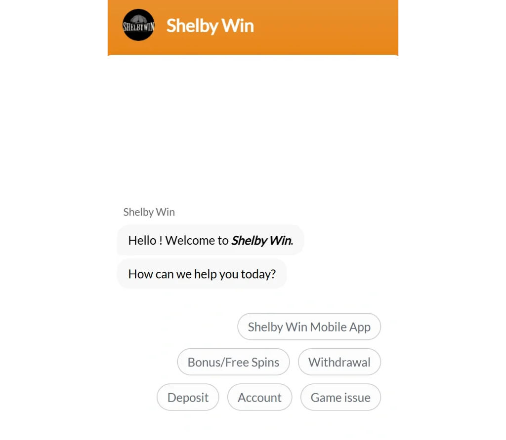 ShelbyWin live chat support with withdrawal deposit and account help options